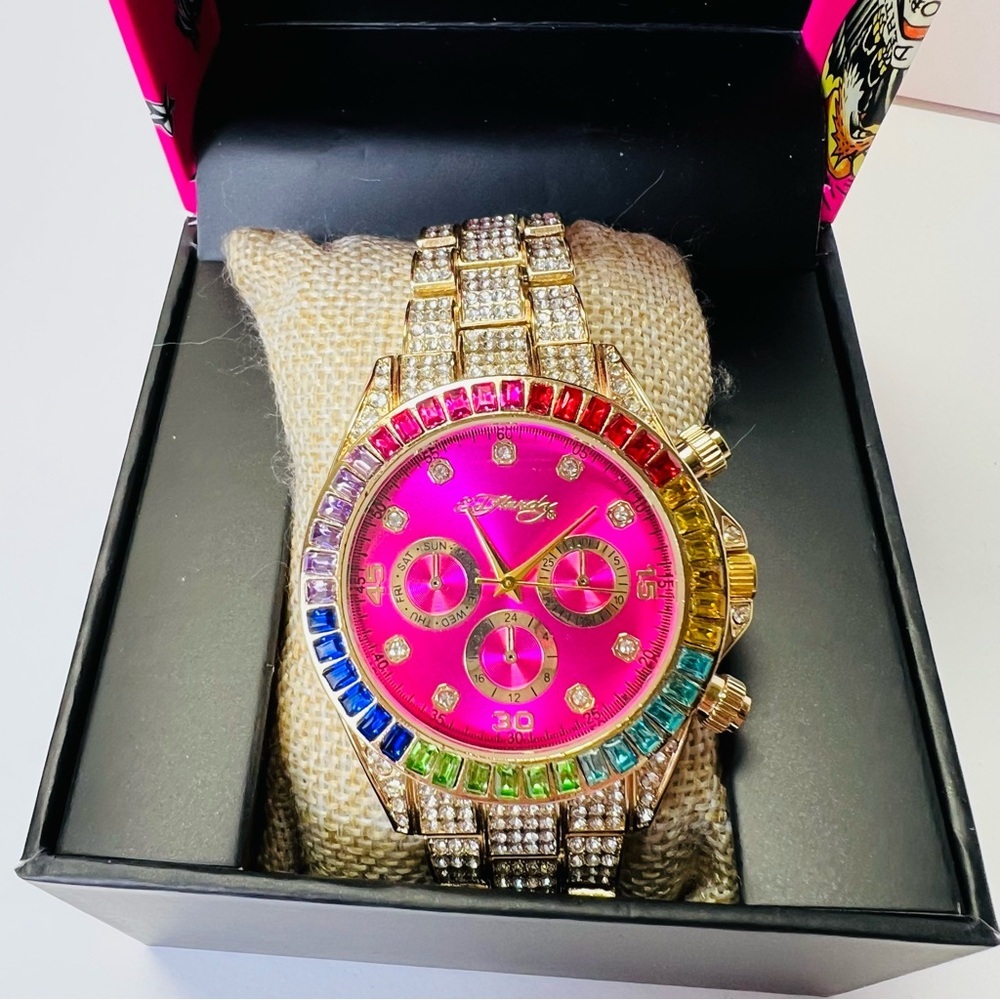 Ed Hardy Quartz Shiny Gold-Tone Metal Alloy Watch 40mm New In Box